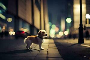 a dog is standing on the street at night. AI-Generated photo