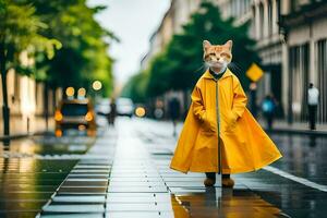a cat wearing a yellow raincoat on a rainy street. AI-Generated photo