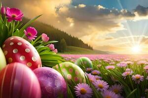 easter eggs in a field with flowers and sun. AI-Generated photo