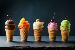 five ice cream cones with different flavors. AI-Generated photo