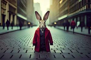 a rabbit wearing a red coat and tie standing on a street. AI-Generated photo