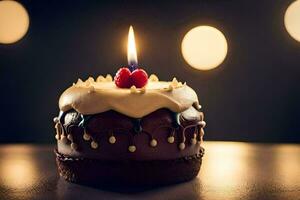 a chocolate birthday cake with a single candle. AI-Generated photo