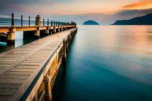 a long exposure photograph of a pier at sunset. AI-Generated photo