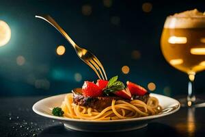 a plate of spaghetti with meat and strawberries on a table. AI-Generated photo