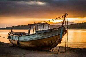 a boat sits on the shore at sunset. AI-Generated photo