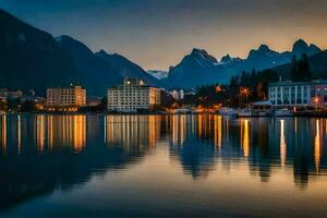 a view of the mountains and buildings at dusk. AI-Generated photo