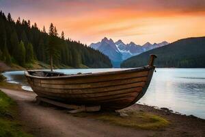 a boat sits on the shore of a lake at sunset. AI-Generated photo