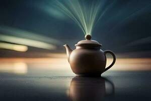 a teapot is sitting on a table with smoke coming out of it. AI-Generated photo