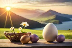 easter eggs in a basket on a table with a mountain view. AI-Generated photo