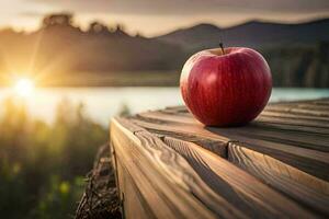 an apple sits on a wooden table in front of a lake. AI-Generated photo