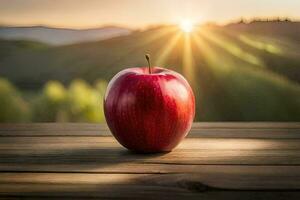 an apple sits on a wooden table in front of the sun. AI-Generated photo