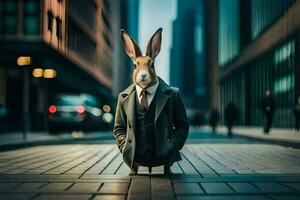 a rabbit wearing a suit and tie on the street. AI-Generated photo