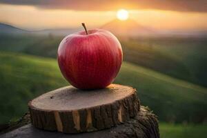 an apple sits on top of a stump in front of a sunset. AI-Generated photo