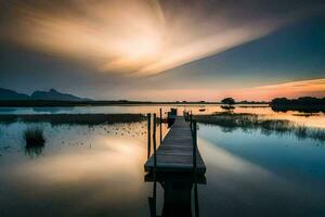 a dock in the middle of a lake at sunset. AI-Generated photo