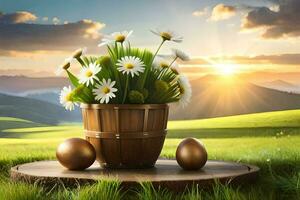 easter flowers in a basket on a hillside. AI-Generated photo