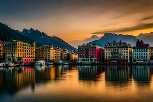 the sun sets over the city of lofoten, norway. AI-Generated photo