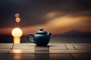 a teapot sitting on a wooden table in front of the ocean. AI-Generated photo