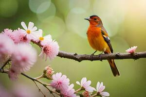 a bird sits on a branch with pink flowers. AI-Generated photo