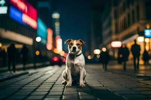 a dog sitting on the street at night. AI-Generated photo