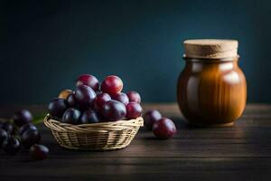 grapes in a basket and a jar of honey. AI-Generated photo