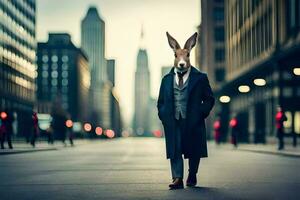 a rabbit wearing a suit and tie in the middle of a city street. AI-Generated photo