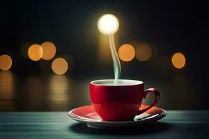 a red cup of coffee on a table with a light shining on it. AI-Generated photo