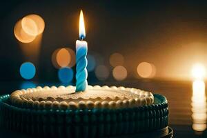 a birthday cake with a single candle. AI-Generated photo