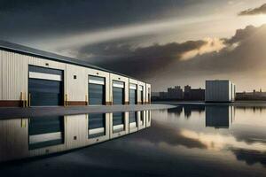 a large warehouse with a large body of water. AI-Generated photo