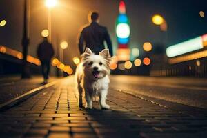 un perro caminando en un calle a noche. generado por ai foto