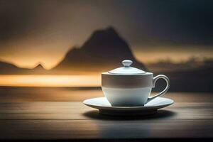 coffee cup on a table with mountains in the background. AI-Generated photo