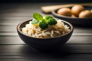 a bowl of rice with broccoli and eggs on a wooden table. AI-Generated photo