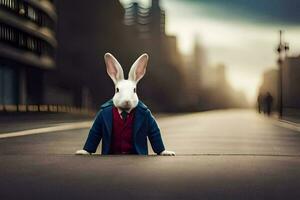 a rabbit dressed in a suit and tie stands on the street. AI-Generated photo