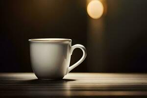 a coffee cup on a table in front of a light. AI-Generated photo