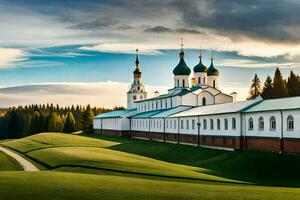 a large white church with blue domes on top. AI-Generated photo