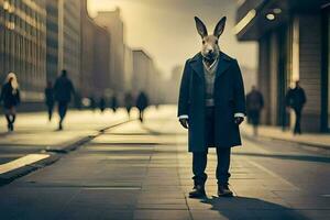 a man wearing a rabbit mask stands on a street. AI-Generated photo