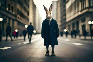 a rabbit dressed in a suit and tie standing in the middle of a city street. AI-Generated photo