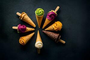 ice cream cones on a black background. AI-Generated photo