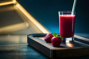 a glass of strawberry juice on a wooden tray. AI-Generated photo