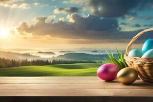 Pascua de Resurrección huevos en un cesta en un mesa. generado por ai foto