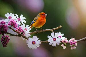 a small orange bird sits on a branch with pink flowers. AI-Generated photo