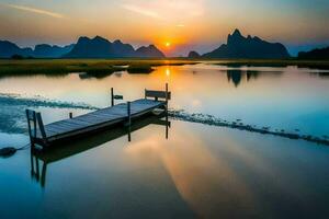 a wooden dock sits in the middle of a lake at sunset. AI-Generated photo