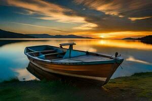 a boat sits on the shore of a lake at sunset. AI-Generated photo