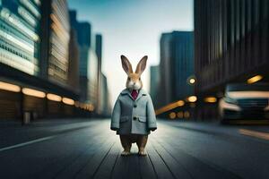 a rabbit dressed in a suit and tie standing in the middle of a city street. AI-Generated photo