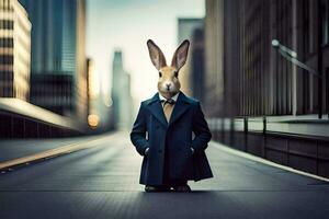 a rabbit dressed in a suit and tie standing on a street. AI-Generated photo