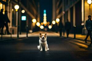 un perro en pie en el medio de un ciudad calle a noche. generado por ai foto