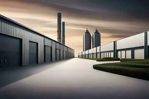 a factory building with a road leading to it. AI-Generated photo