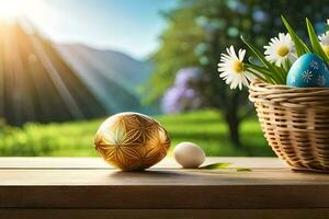 easter eggs in a basket on a table. AI-Generated photo