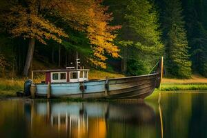 a boat sits on the shore of a lake. AI-Generated photo