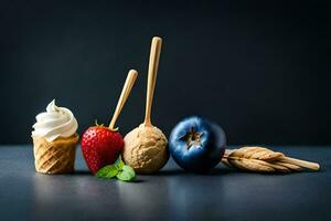 various ice cream and fruit on sticks. AI-Generated photo