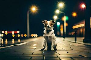 a dog sitting on the sidewalk at night. AI-Generated photo